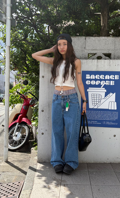 2wayチェックレイヤードデニム